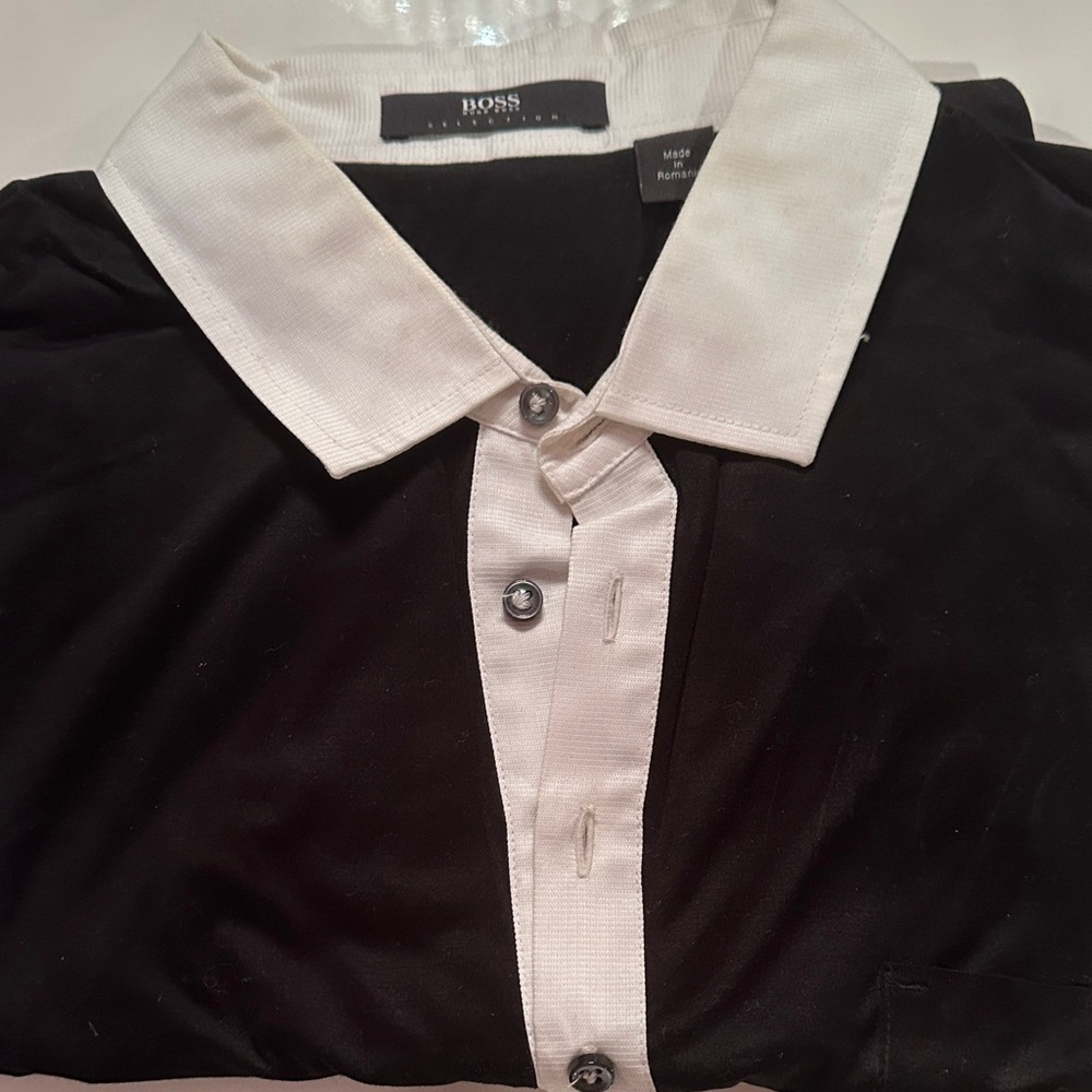 Hugo Boss Men's Black Shirt with White Collar. Skinny cut